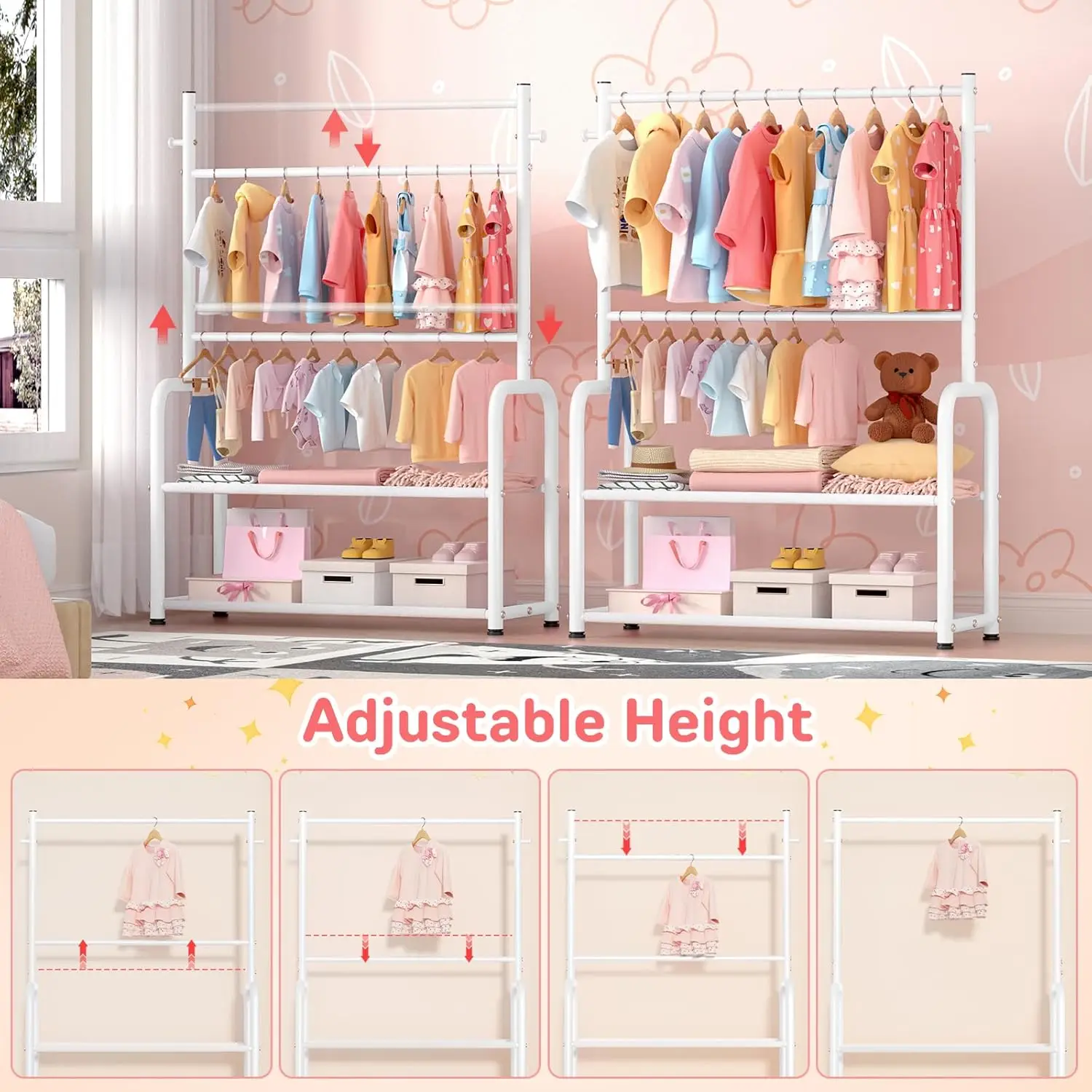 ราวแขวนเสื้อผ้าเด็กพร้อมชั้นวาง 2 ชั้นและราวปรับระดับได้, ตู้เสื้อผ้าเด็กสีขาวสำหรับแขวนเสื้อผ้า