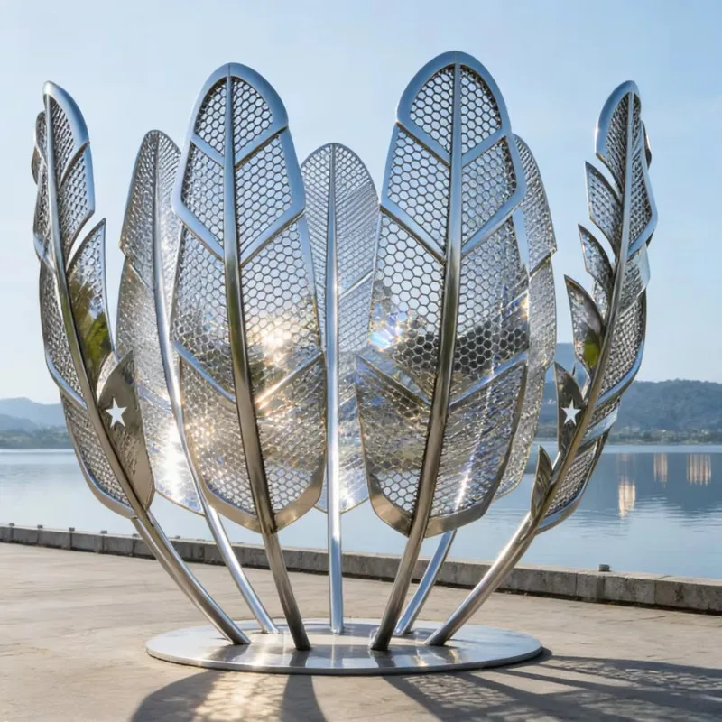 Abstract Polished Stainless Steel Feather Sculpture Large Outdoor Ornament For Garden Mall Park Pedestrian Street Graceful