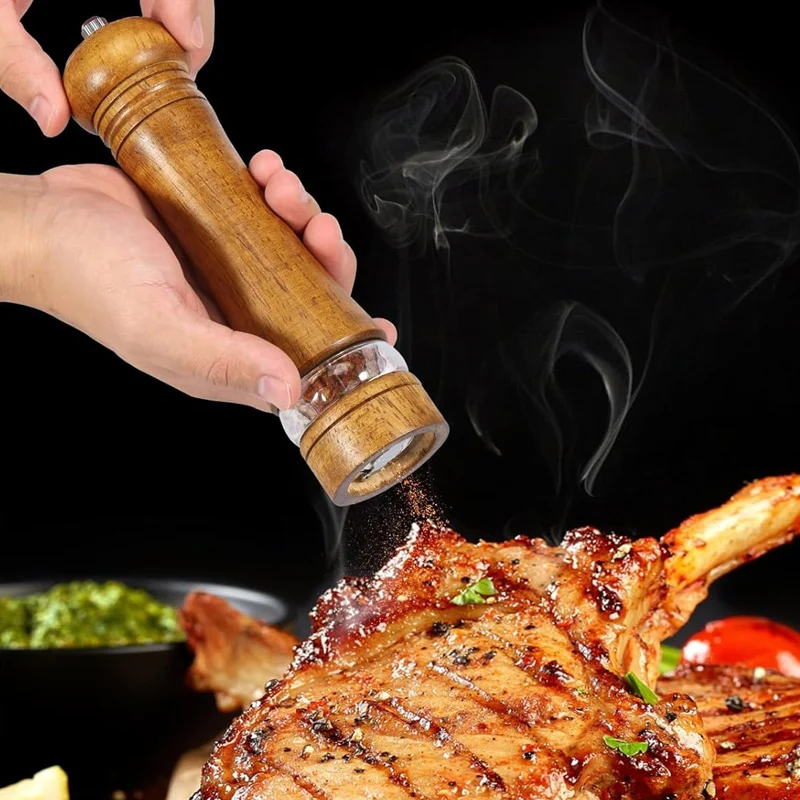 Wooden Salt And Pepper Grinder Adjustable Coarseness Acrylic Visible Window Kitchen Home Refillable Spice Mills