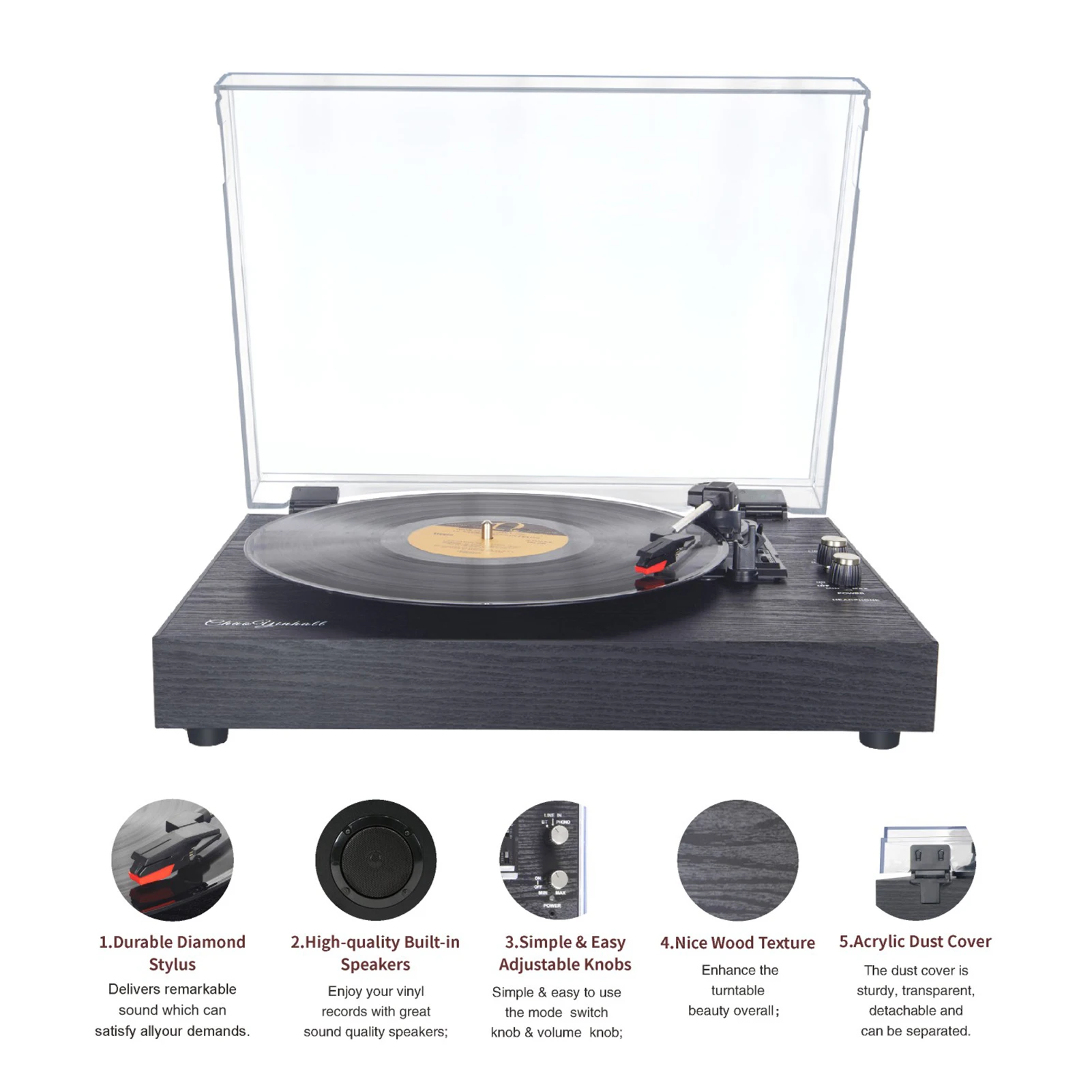 Vinyl player Turntable Retro Record player LP Built-in Speakers Vintage Gramophone 3-Speed BT5.0 AUX-in Line-out RCA Output