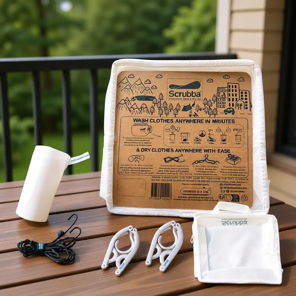 

Портативная система для стирки с полотенцесушителем XL, веревкой для белья и вешалками – легкий, экологичный набор для стирки в путешествиях и кемпинге.