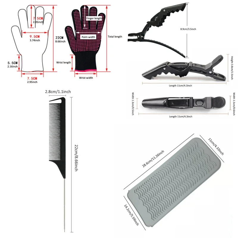 Zestaw akcesoriów do stylizacji włosów (2 szt. Rękawiczek termoodpornych + 1 szt. Mata żaroodporna + 2 szt. Grzebienie ogonowe + 6 szt. Antypoślizgowe spinki do włosów krokodyla)