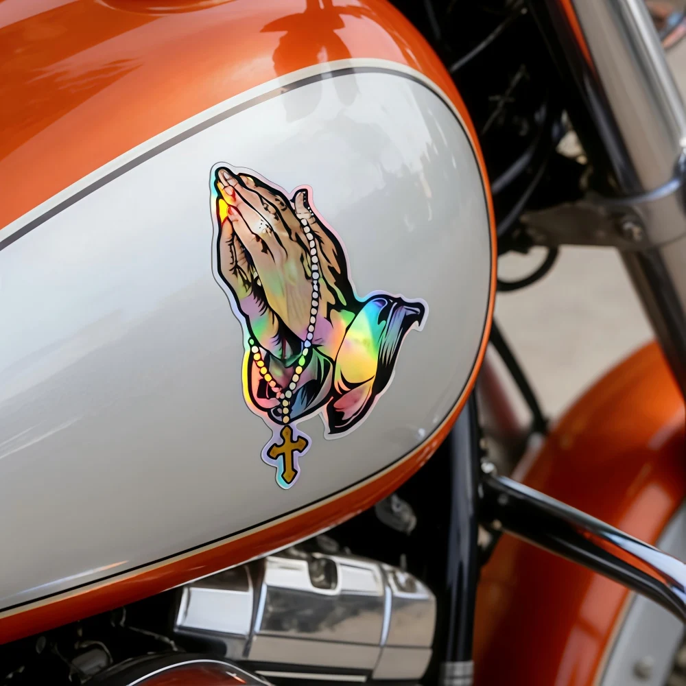 1Pc Holographic Christian Praying Hands Vinyl Sticker, Iridescent Religious Waterproof Decal for Car Window Body Decoration