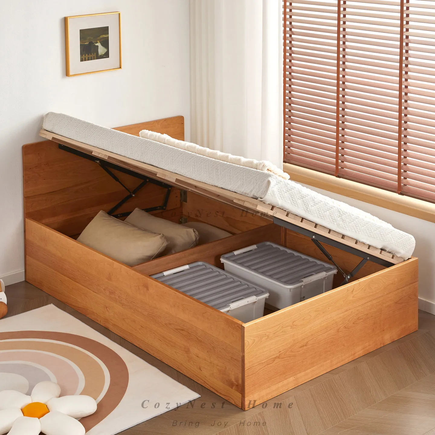 For side open box bed cherry wood solid wood storage bed high box storage children's bed log single double
