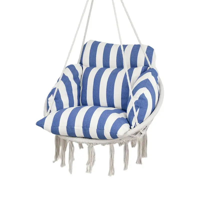 

Hammock Swing Chair, Macrame Hanging Chair with Large Cushion, Chain, Steel Frame for Indoor Outdoor Use, Blue and White