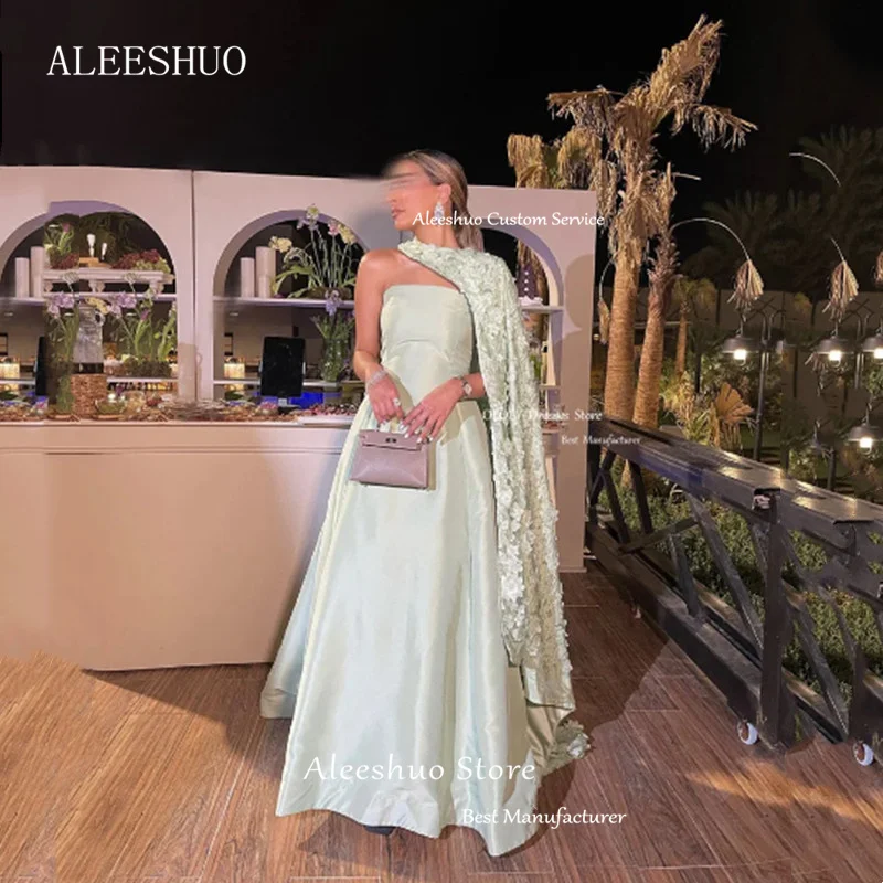 Aleeshuo Elegante A-Line Galajurken Feest Mouwloze Strapless Met 3d Bloem Formele Prom Party Jurken Dubai Womens Avondjurk