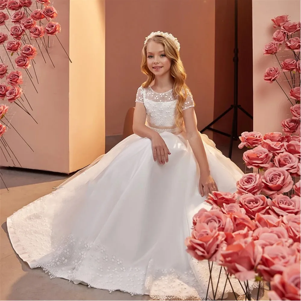 

Elegant Flower Girl Dress For Wedding Applique Lace Floor Length With Big Bow Gown Kids Birthday Party Prom First Communion Gown