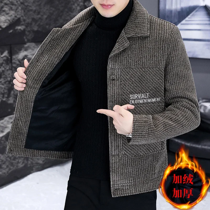 Winter Thickened and Warm Woolen Jacket Men Fashion Striped Casual Trench Coat Office Social Streetwear Overcoat Men Clothong