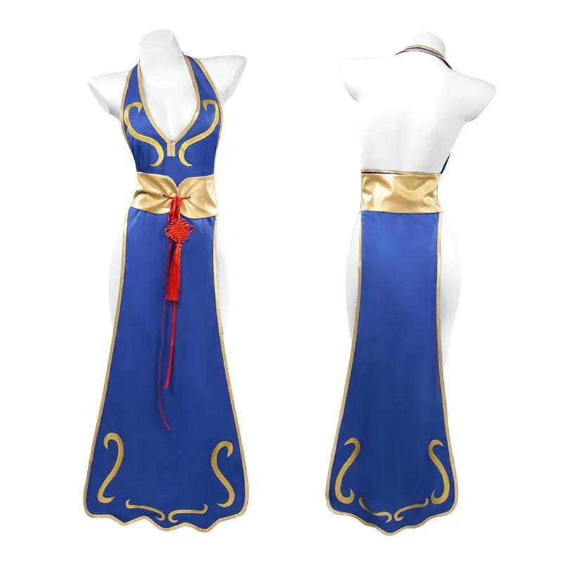 Game Chun Li Cosplay Costumes Battle Uniform Blue Cheongsam Sexy Outfits Belt Headgear Full Set Anime Carnival Party Dress Up