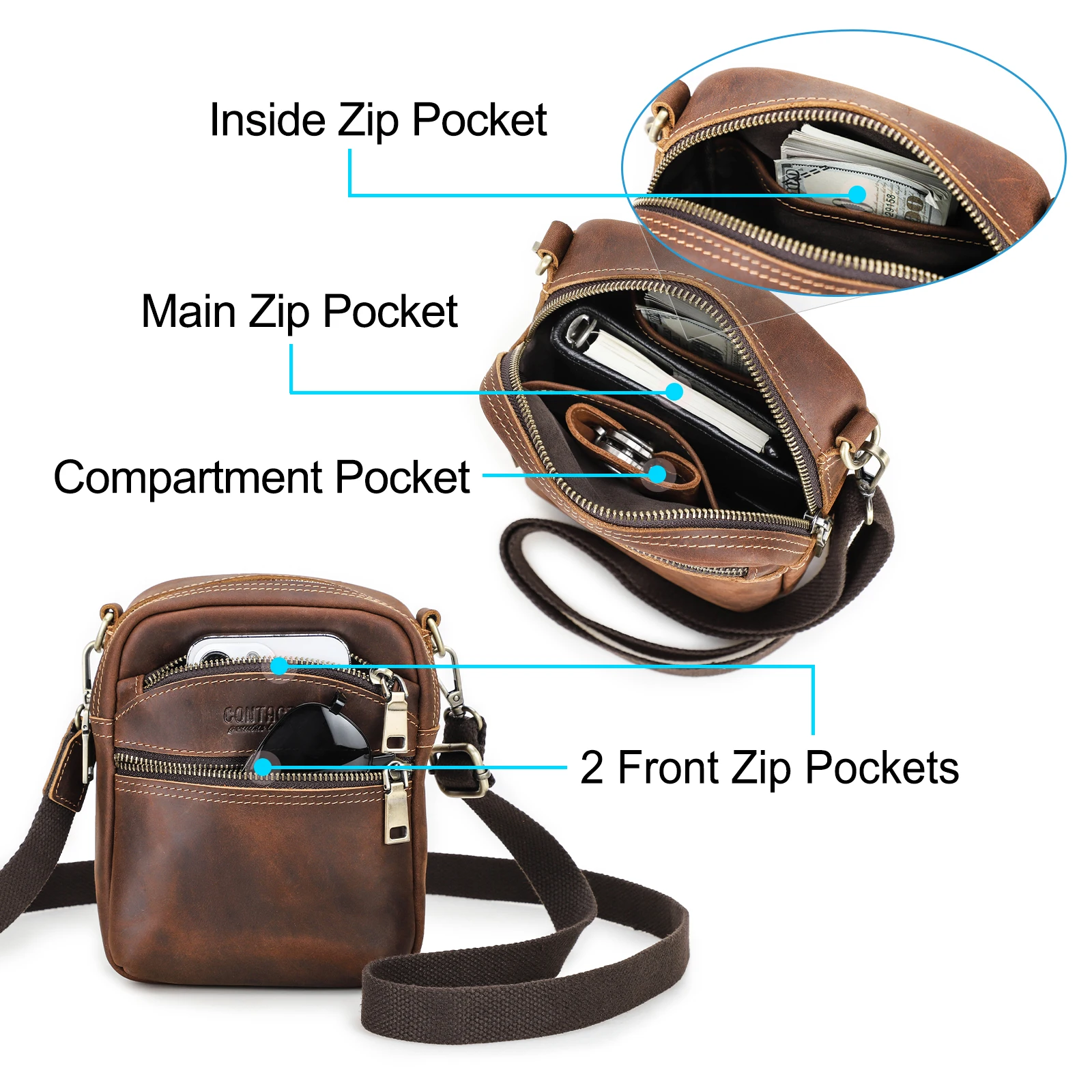 CONTACT\'S Genuine Leather Sling Phone Bags for Men Waist Packs Samll Shoulder Crossbody Bag Male Travel Bag for 6.7\