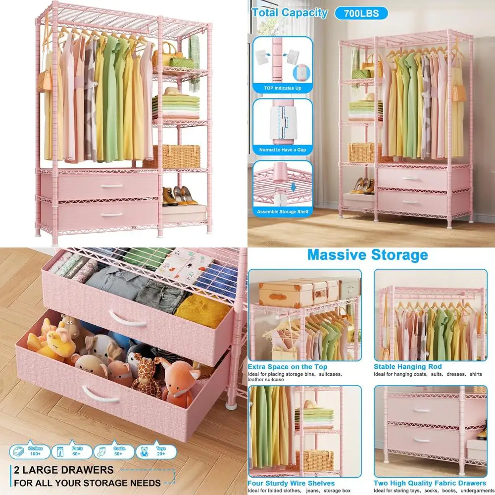 

Portable Heavy-Duty Freestanding Garment Rack with Fabric Drawers, Adjustable Closet Organizer, 40W x 15D x 72H, Holds 700lbs, P