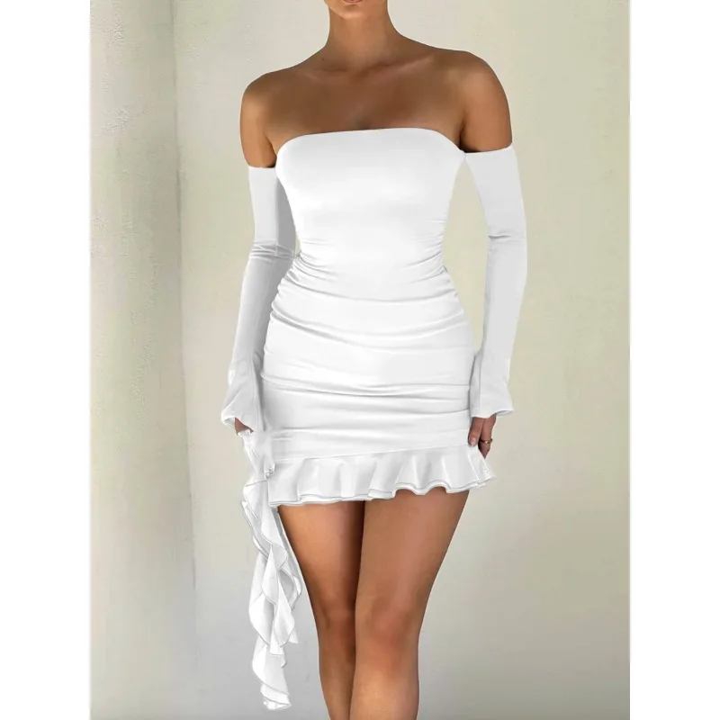 Autumn New Dress Women Sexy Slim Fit Ruffled Stitching Dress Women Flare Sleeve Backless Off-Shoulder Strapless Irregular Dress