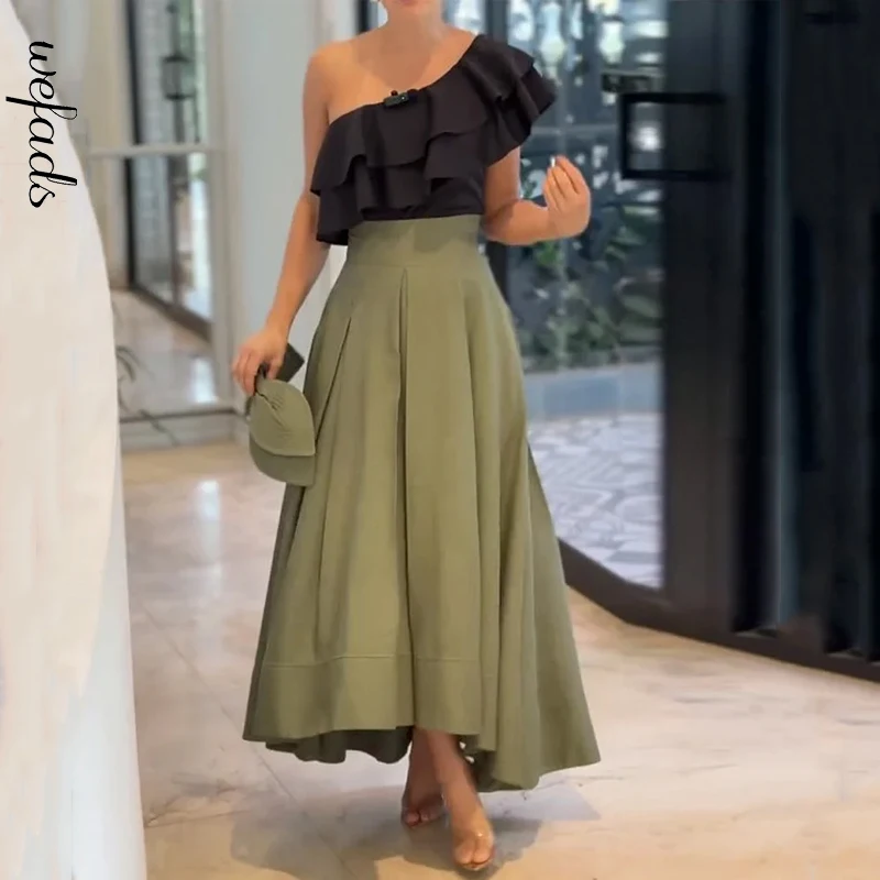 Wefads 2 Piece Set Summer Elegant Fashion One Shoulder Ruffled Sleeveless Irregular Pullover Top Loose Long Skirt Set Streetwear