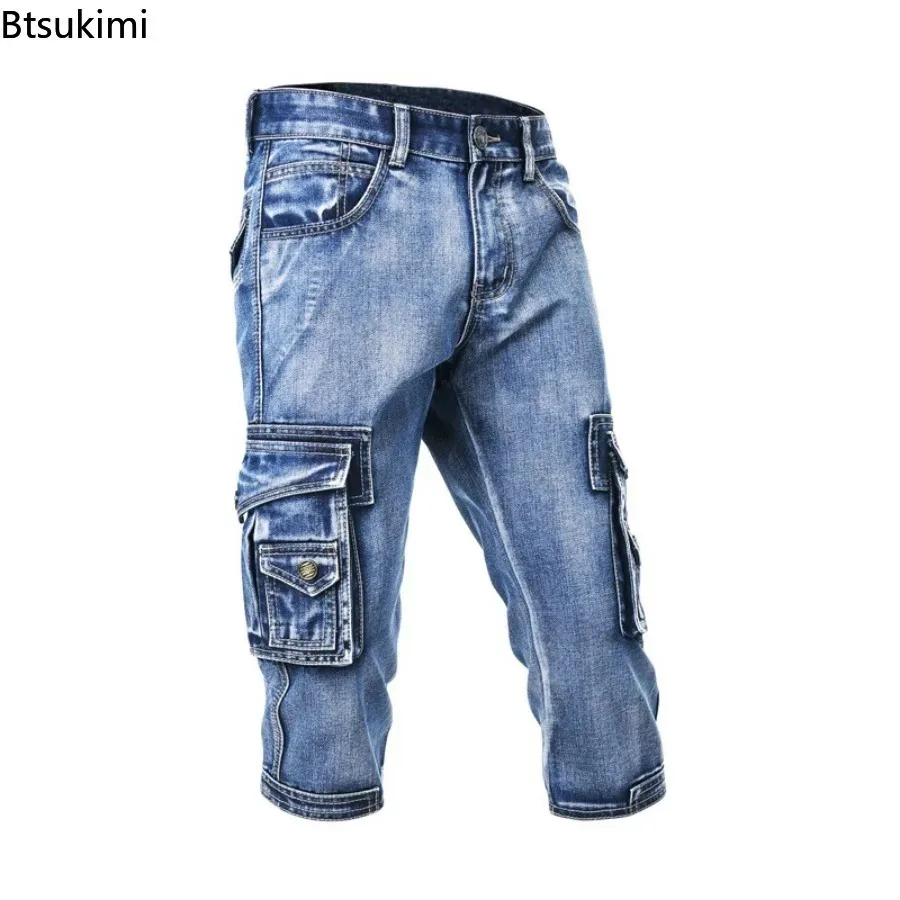 Summer New Men's Cargo Denim Shorts 2026 Fashion Streetwear Multi Pockets Elastic Slim Straight Jeans Male Casual Joggers Pants
