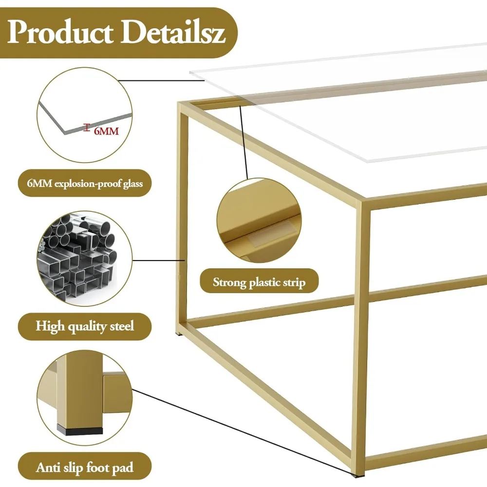 Meja Kopi Kaca, Meja Kopi Persegi Kecil untuk Ruang Tamu, Meja Tengah Modern Sederhana untuk Ruang Sempit, Meja Teh Ruang Tamu Warna Emas