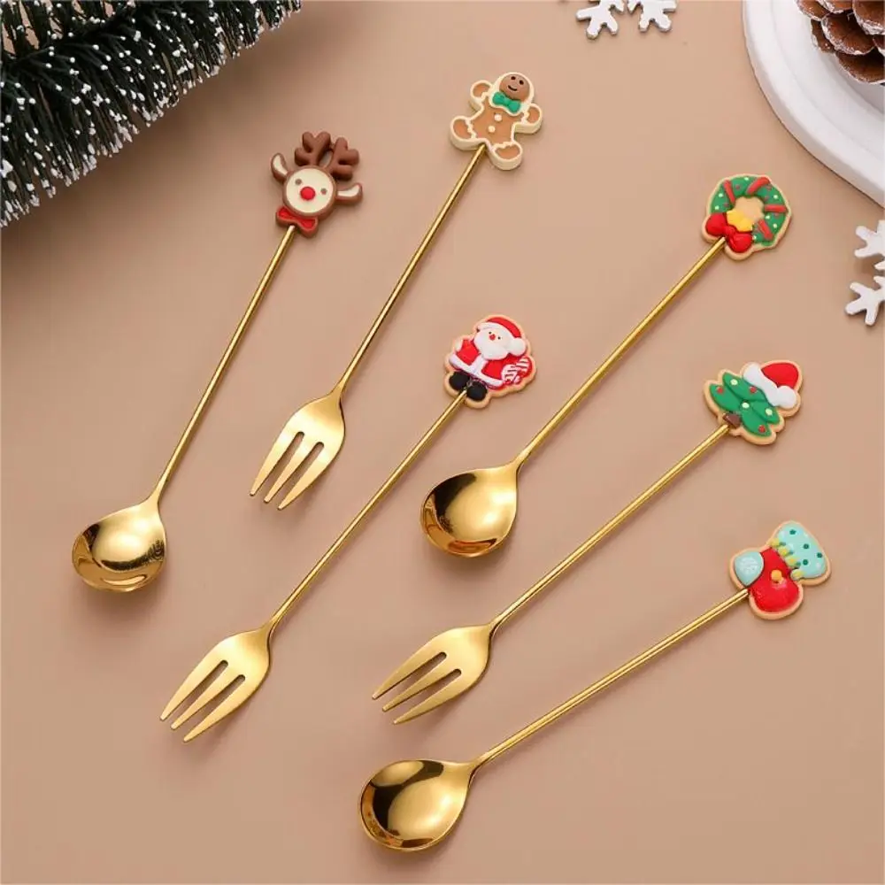 

Stainless Steel Christmas Spoons Forks Set Elk Christmas Tree Gingerbread Man Gold Silver Coffee Spoons Multifunctional