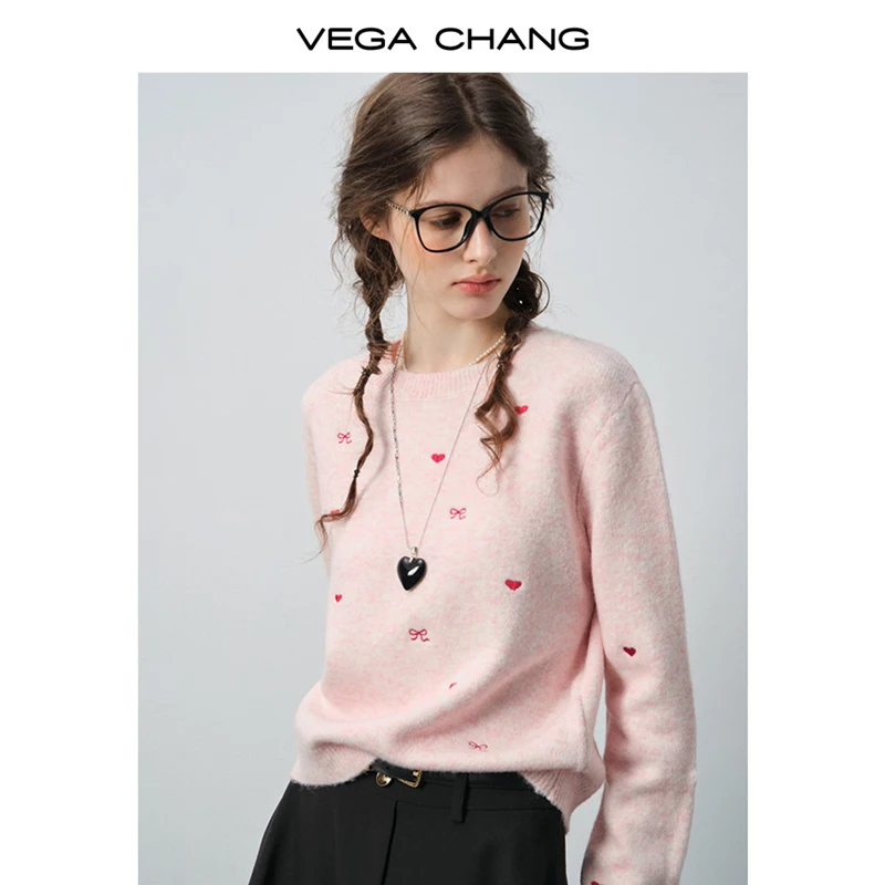 

Vega Chang New Autumn and Winter Women's Wool Knitwear with Heart Embroider, Sweet Girly Style and Age-Reducing Top