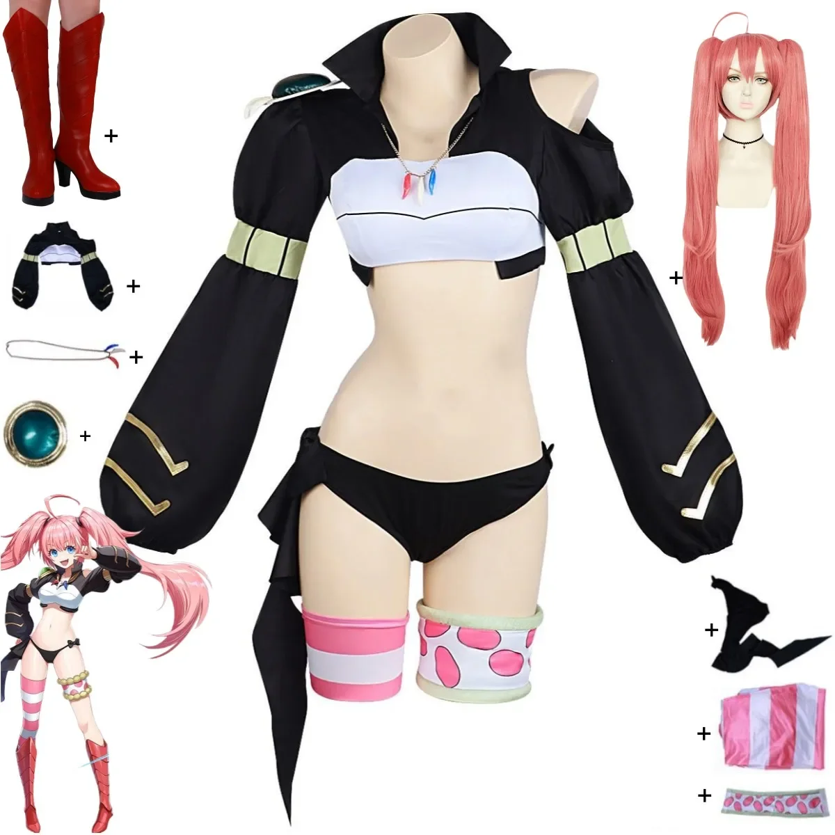 

Anime That Time I Got Reincarnated As A Slime Milim Nava Cosplay Costume Short Black Coat Wig Shoes Woman Sexy Kawaii Party Suit