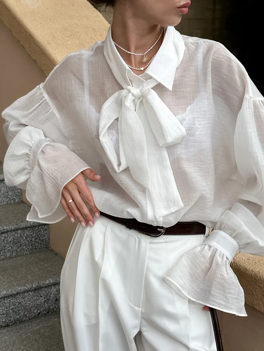 

European American Style Sexy See-through White Lace-up Women's Blouse Shirt Spring Summer 2025 Transparent Flare Sleeve 55906