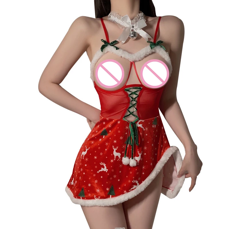 Autumn Winter Velvet Christmas Nightgown Erotic Christmas Bunny Girl Uniform Sexy Hollowed Out Strap Mesh Couple Christmas Gift