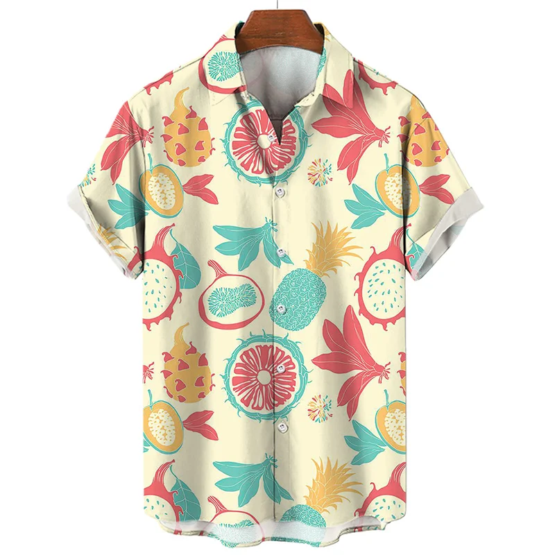 

Hawaiian Shirt Men Fruit 3d Print Pineapple Coconut Short Sleeves Tops Summer Fashion Cool Beach Oversized Button Lapel Blouse