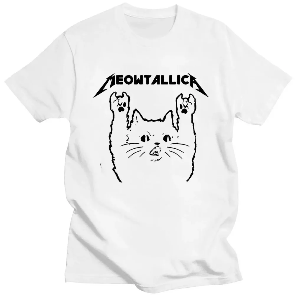 Funny Cat Meowtalica Cat Rock Music Flat Print T-Shirt Rock Music Fashion Crew Neck Short Sleeve Plus Size T-Shirt Women