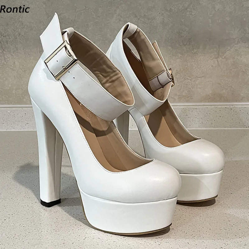 Rontic New Handmade Women Pumps Platform Buckle Chunky Heels Round Toe Beautiful White Party Cosplay Shoes US Size 5-20