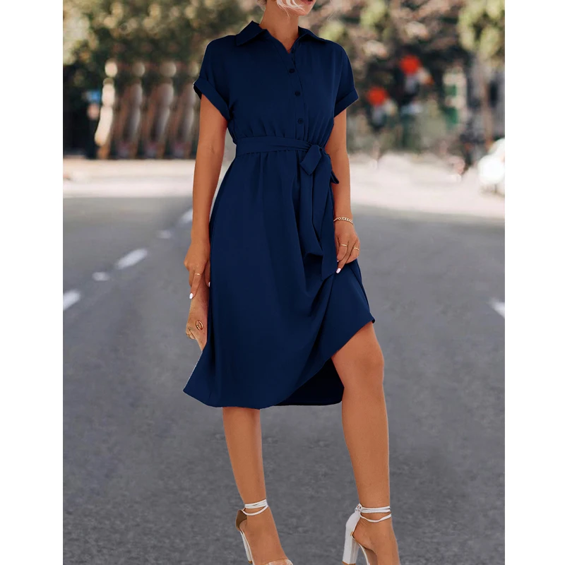 Women's Vintage Fashion Elegant Lace Up Button Shirt Midi Dress Summer Solid Short Sleeve Slim Party Dresses High Waist Vestidos