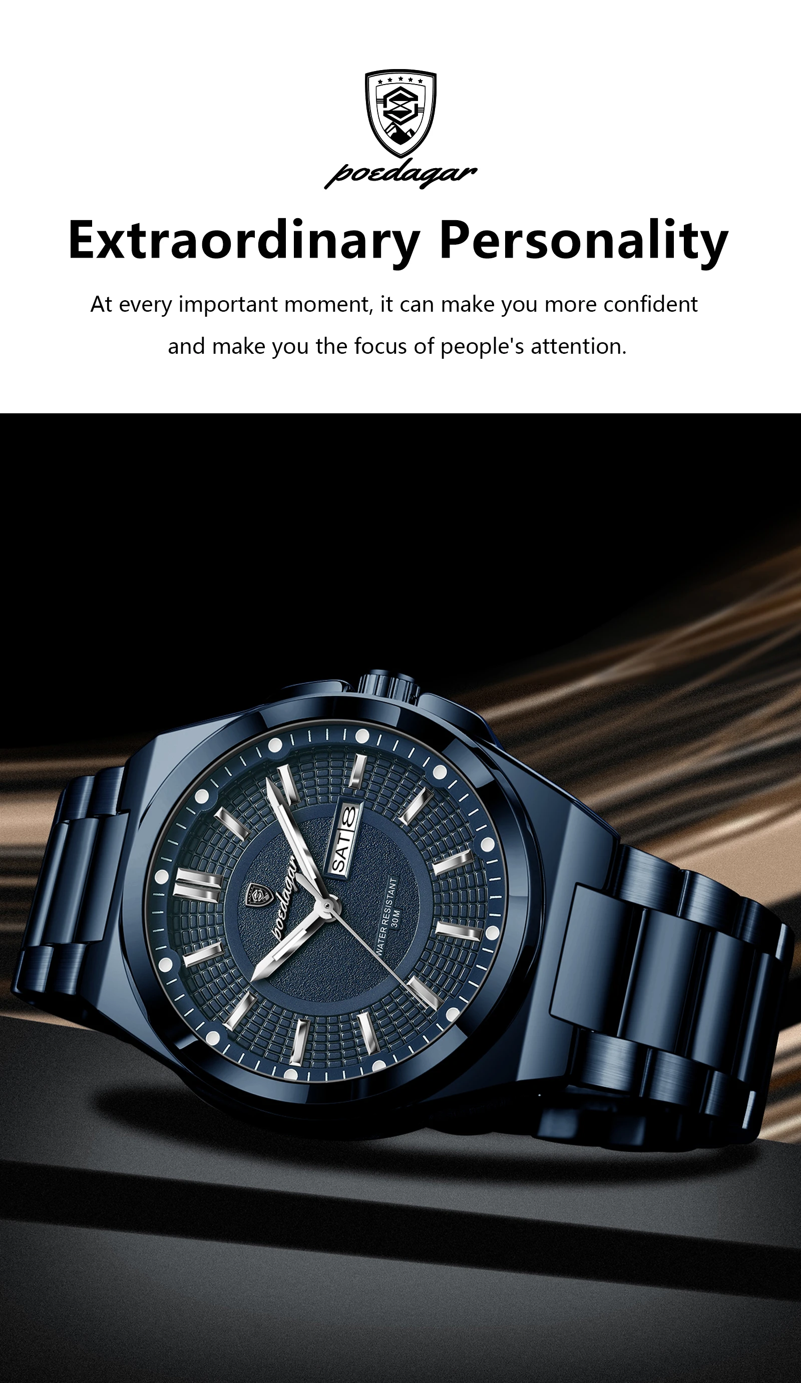 POEDAGAR Top Business Herren Armbanduhr Edelstahl Wasserdicht Leuchtend Casual Mann Uhr Datum Woche Stilvolle Herren Quarzuhren – Detail 4