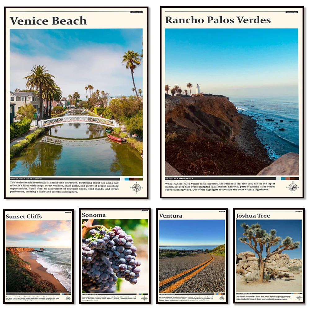 El Capitan, Josué Tree, Big Sur, Yosemite, Parque Nacional Yellowstone, Sierra Nevada, Sequoias, Sonoma, Cartel de viaje de California