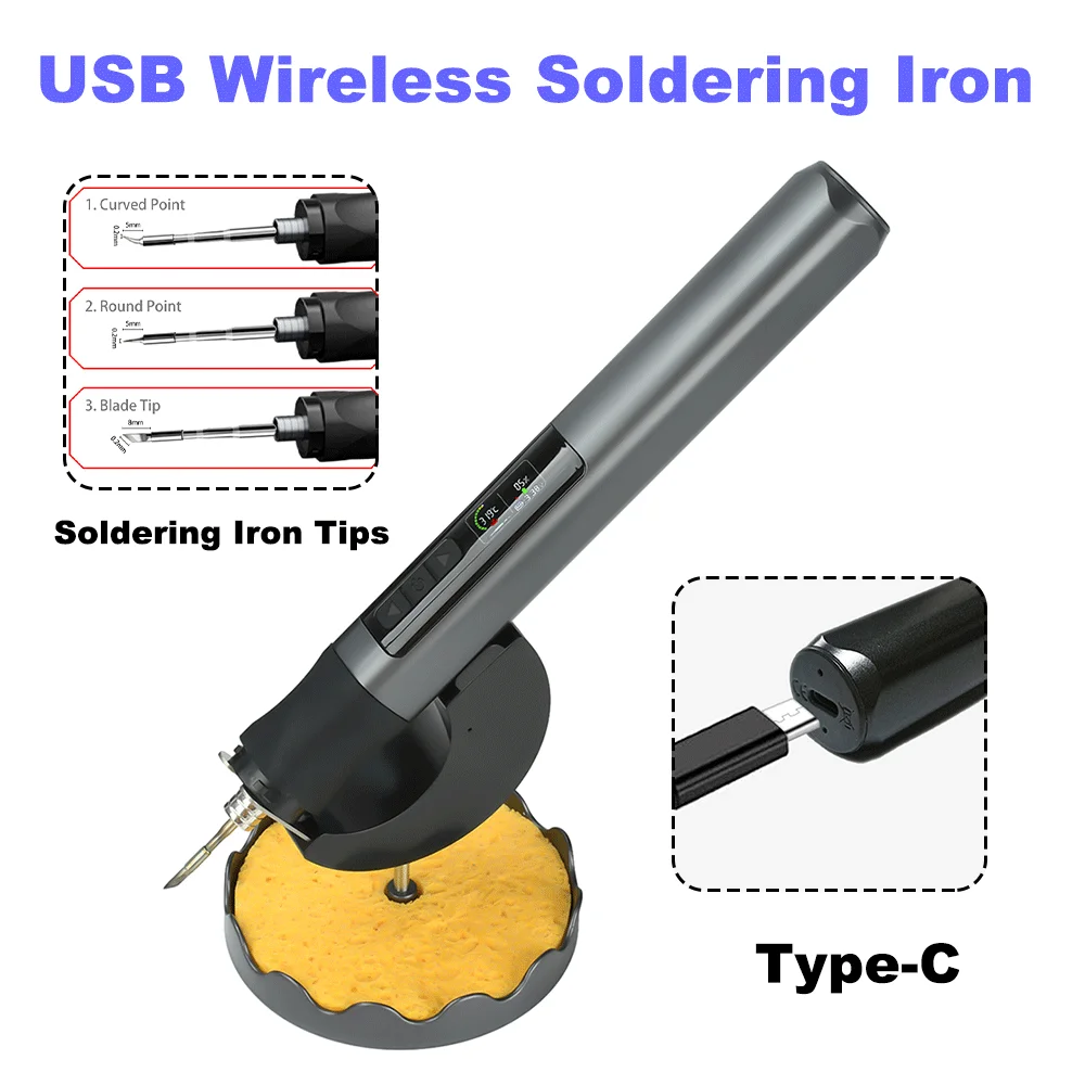 

Cordless Soldering Iron with Dual Charging Base & Type-C 1900mAh Battery 180-480 Celsius Temperature Control LED Display