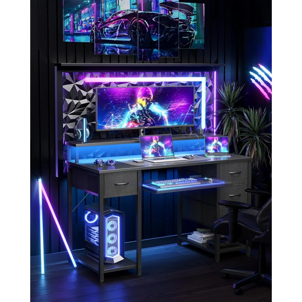 LED-Lit 47 Gaming Desk with Storage Drawers and Built-In Power Outlets for Home Office