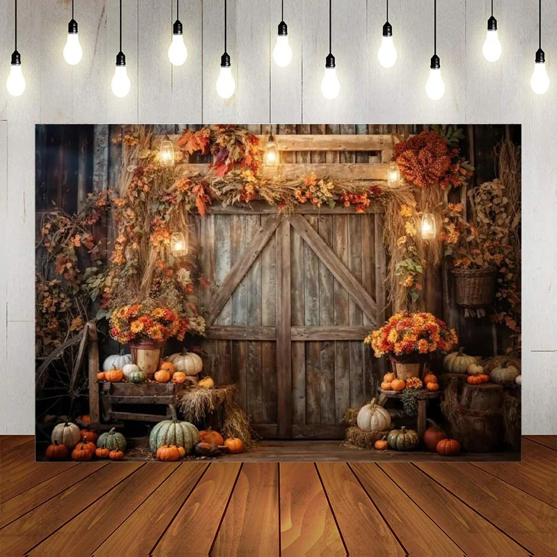 Autumn Thanksgiving Farm Pumpkin Decoration Photography Backdrop Wooden Fall Flowers Pumpkin Harvest Photo Background Banner