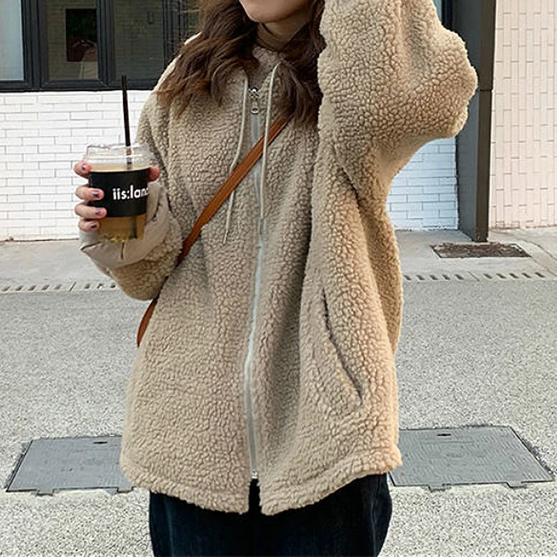 Autumn and Winter Soft Jacket Double sided Coat Women's Hooded Thick Coat Women's Warm Long Sleeve Top Parkas coat women