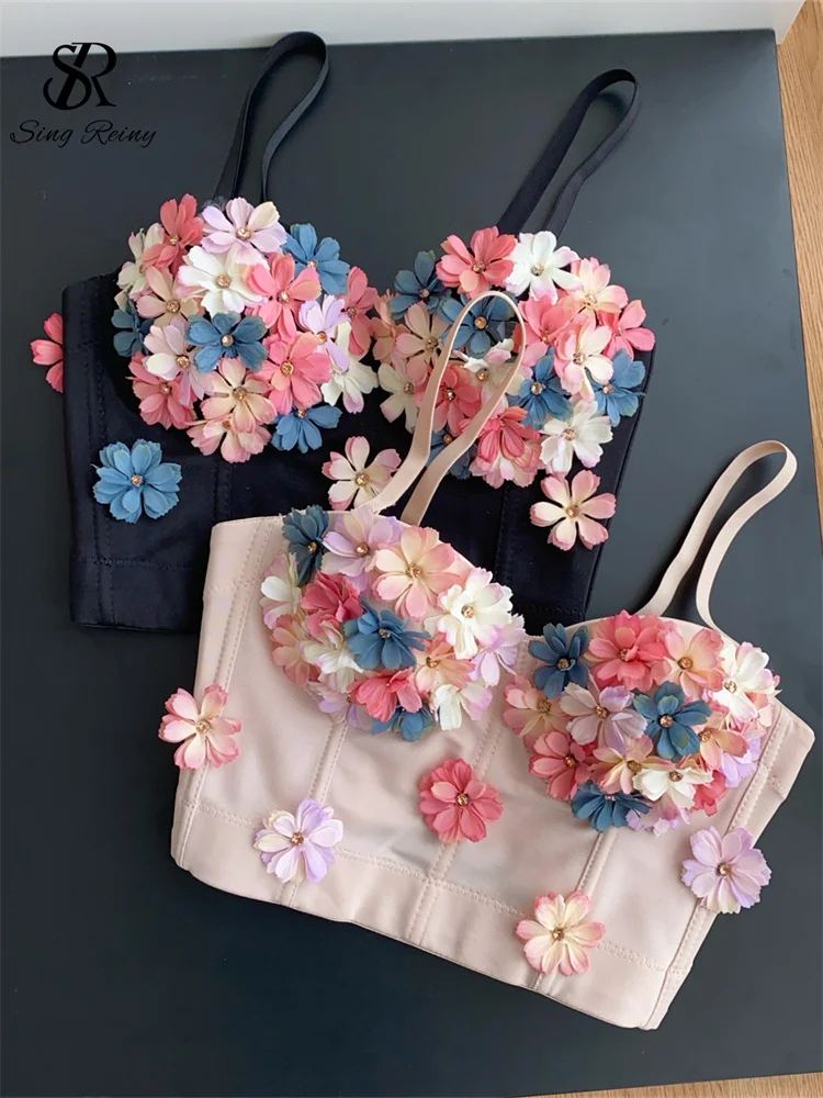

SINGREINY 2025 Sexuality 3D Flowers Sweet Streetwear Camis Female Diamonds Design Short Camis Ladies Fashion Slim Sexy Camisole