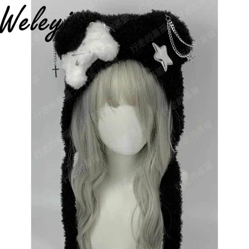 Original Jirai Subculture Bear Knitted Hat for Women Autumn and Winter New Sweet Caps Little Bone Cross Star Wings Wool Hats