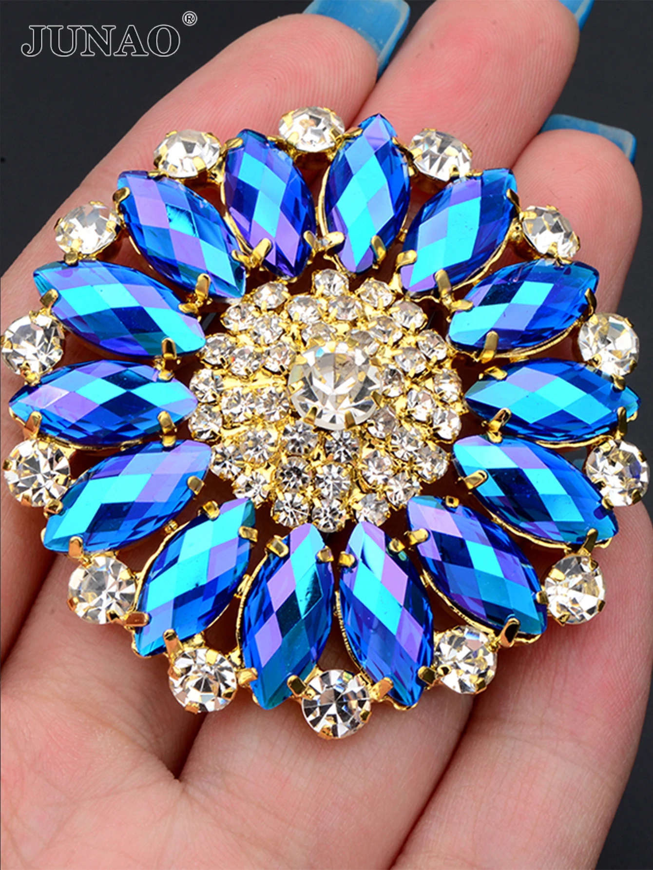 JUNAO 1Pcs 52mm Sew On Sapphire AB Glass Flower Rhinestones With Claw Gold Base Crystal Stone Appliques For Shoes Crafts