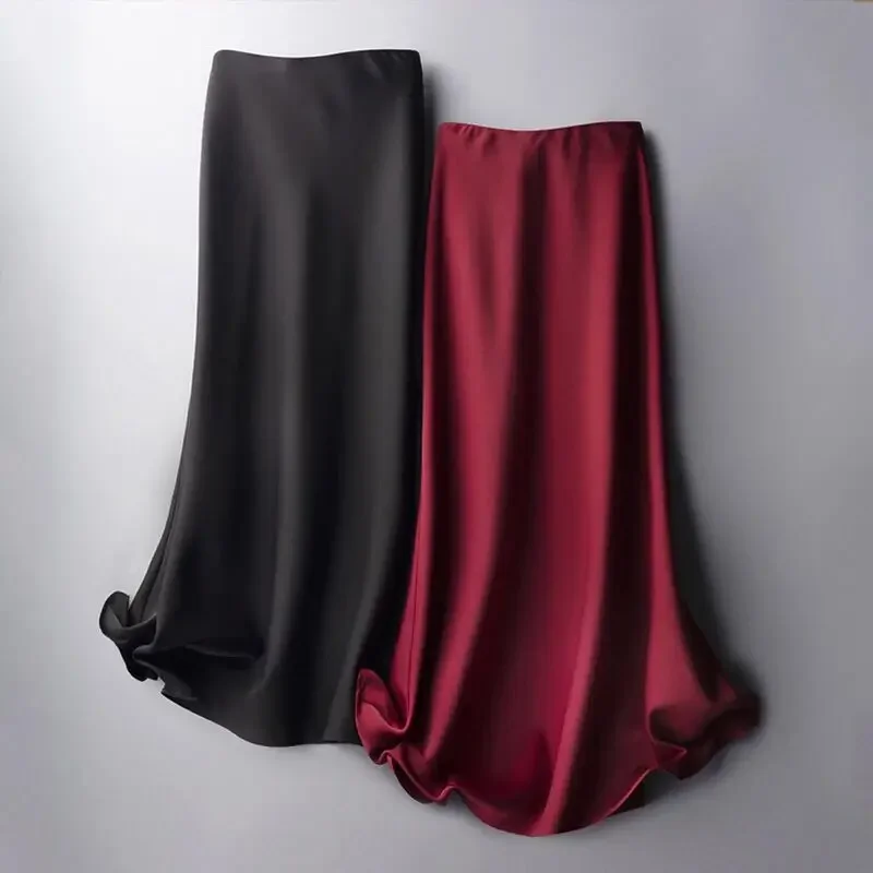 

Silk Midi Skirt for Women Summer Elegant Satin Solid Color A-Line Skirts with High Waist Office Lady Women's Skirt M15