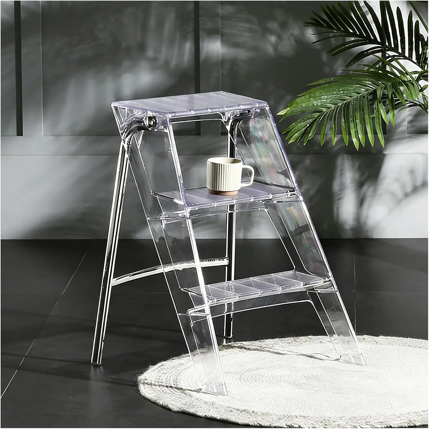 Taburete Plegable de Acrílico, Escalera de 3 Peldaños con Peldaños Antideslizantes, Capacidad de 350 lb, Portátil para Decoración del Hogar y Almacenamiento