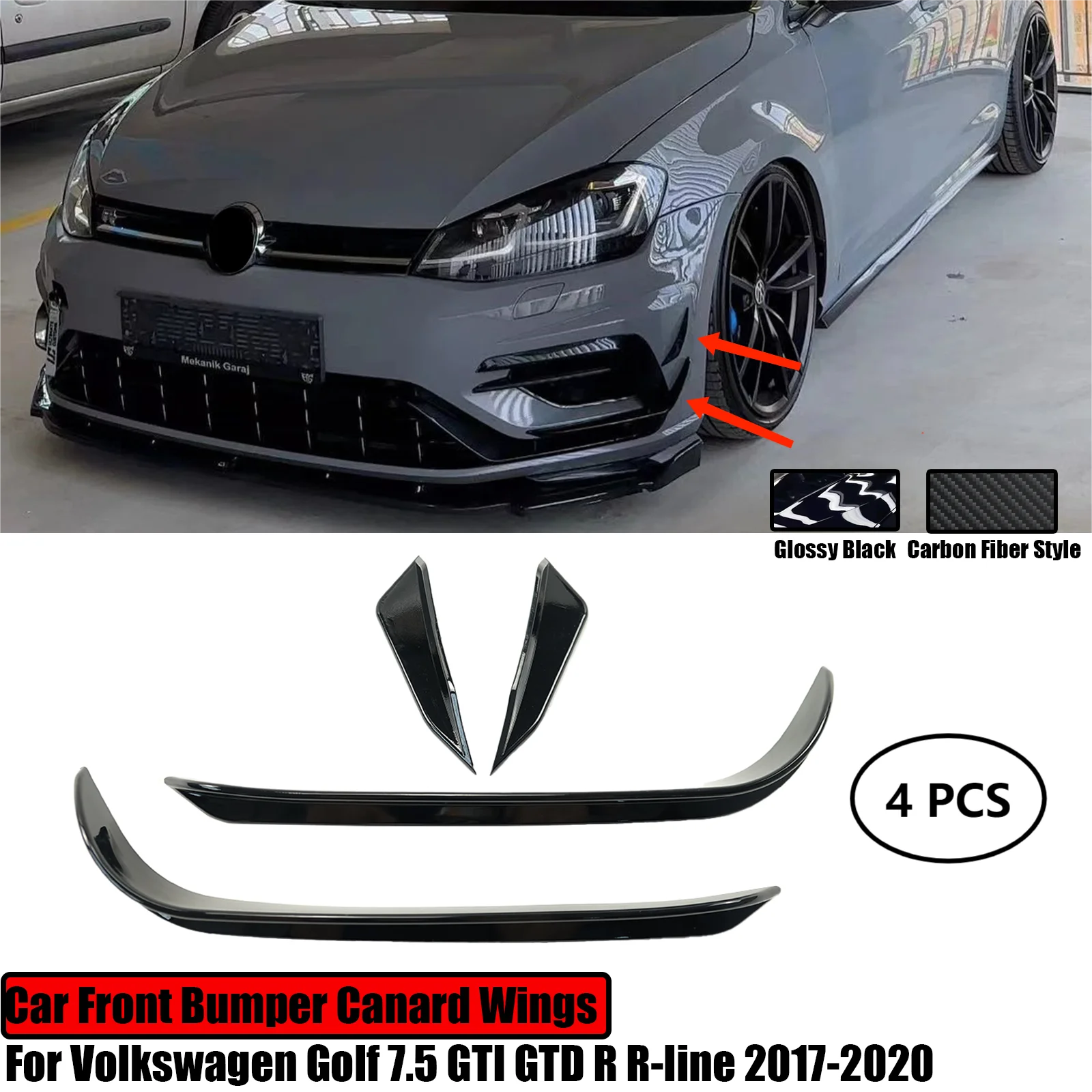 Car Front Bumper Aero Kit Canard Wings For Volkswagen Golf 7.5 GTI GTD R R-line 2017-2020 Carbon Fiber Style Glossy Black 4PCS