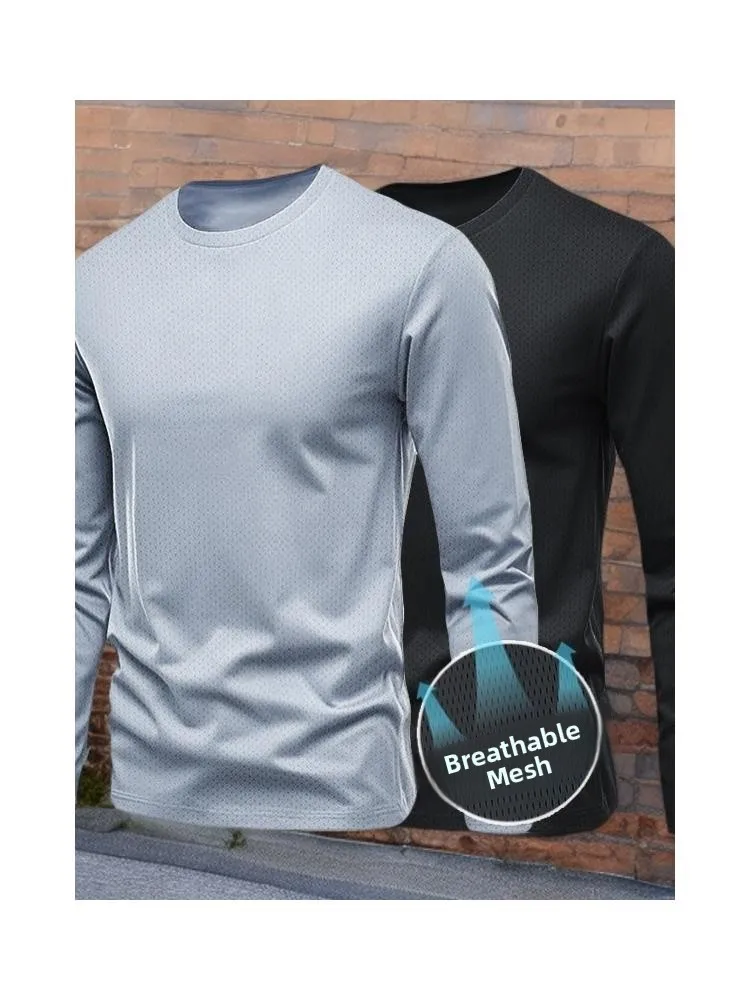 Ice Silk Thin Long Sleeve T-Shirt Men's Quick Dry Air Conditioning Mesh Breathable Cool Feeling Sun Protection Outdoor Base S...