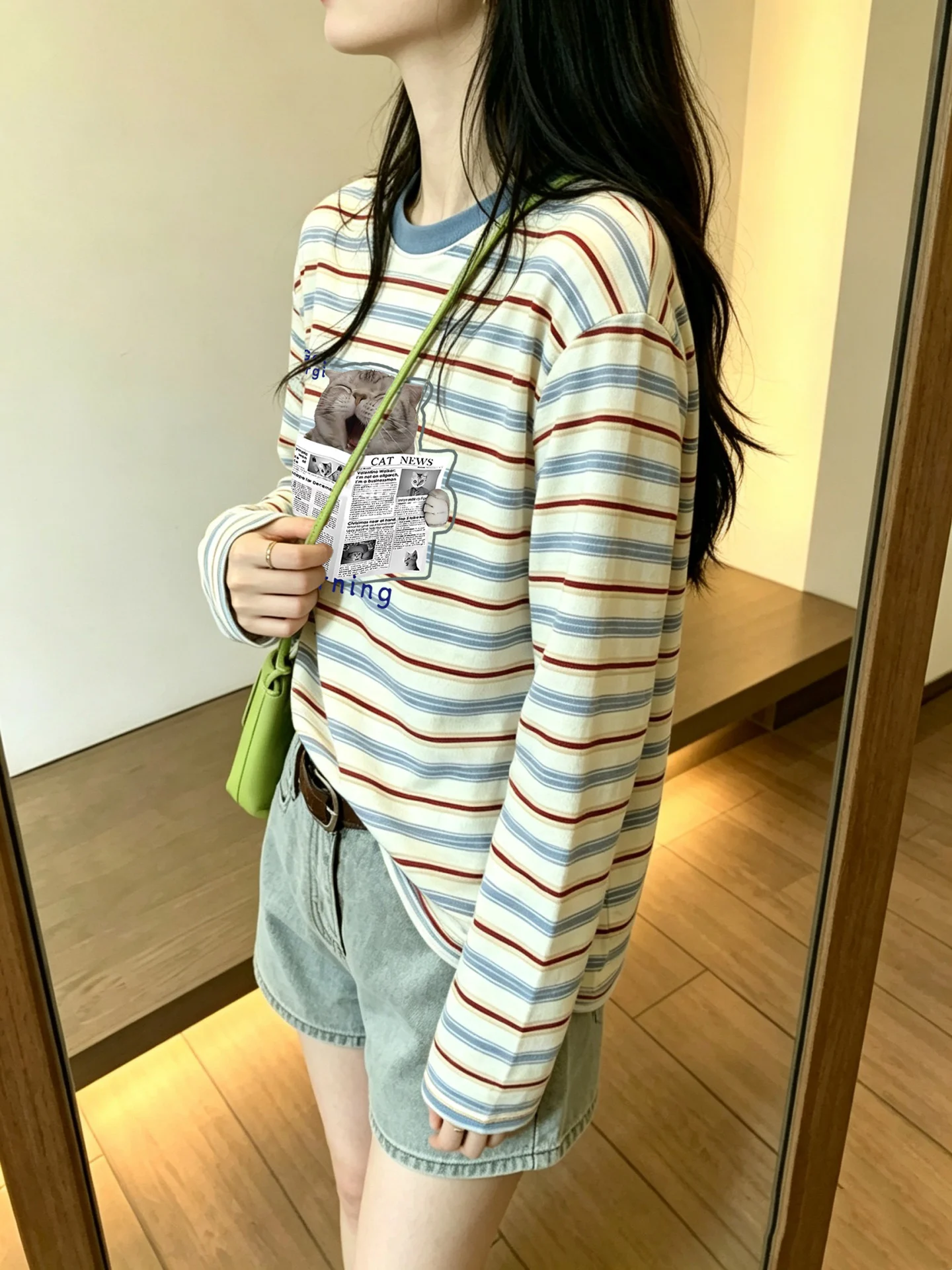 Retro Blue Stripe Print Long Sleeve T-Shirt Women's Loose Fit Base Shirt Korean Style Cotton Casual Top Fashionable Autumn Ne...