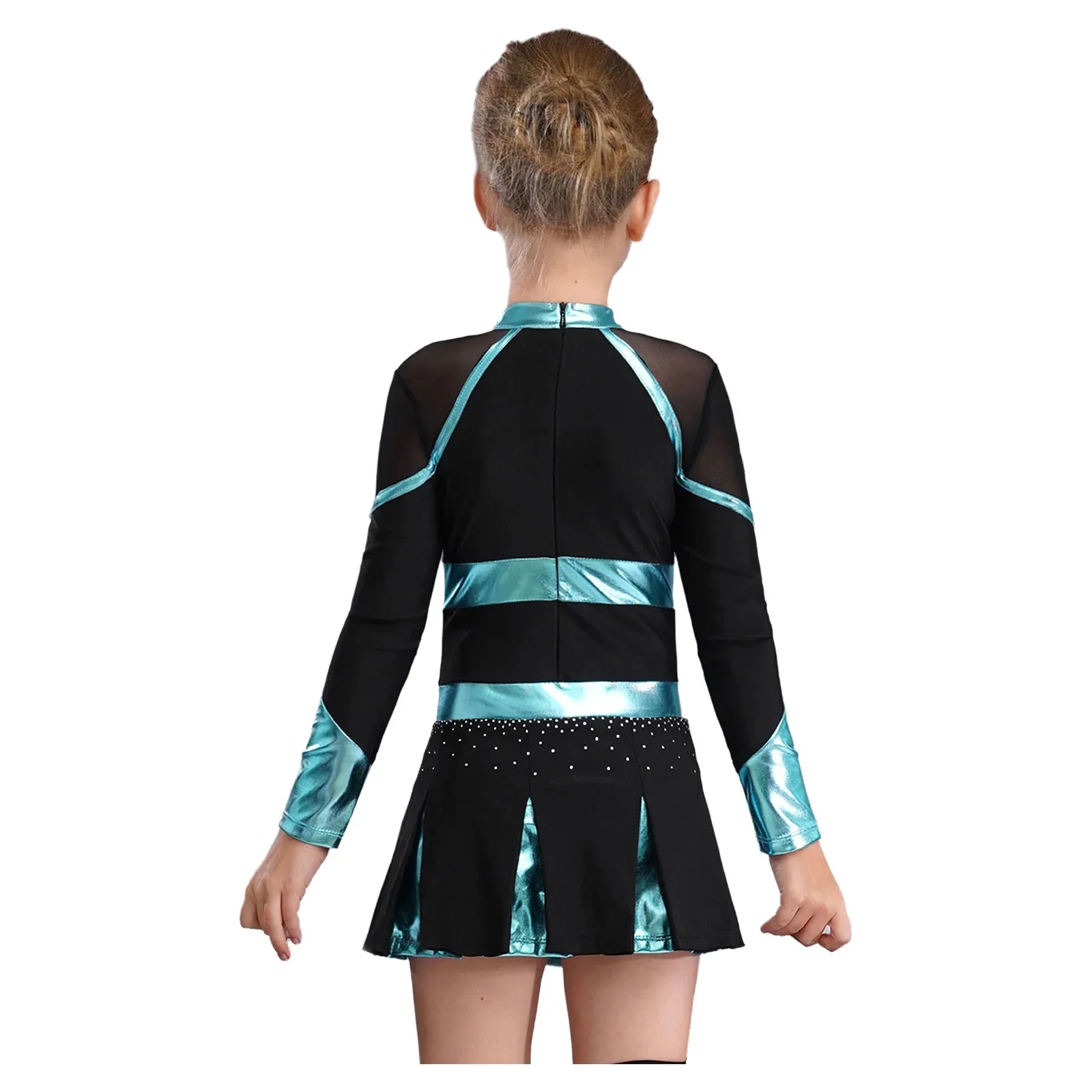 Kinder Mädchen Cheerleading Uniform Cheerleader Tanzkostüm Glitzernde Strasssteine Metallic Plissee Kleid mit 2 Stück Handblumen – Detail 8