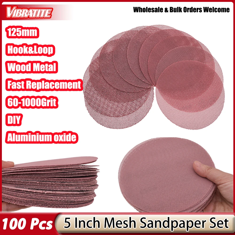 100Pcs 5 Inch 125mm Mesh Sanding Disc Hook & Loop Sandpaper Grinding Disc 60#-1000# For Wood Metal Wall