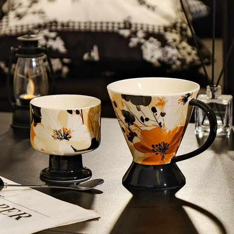 

Retro Style Ceramic Coffee Mug, Elegant Footed Office Cup with Gift Box, High-End Tea Cup for Birthday Christmas Souvenir Gift