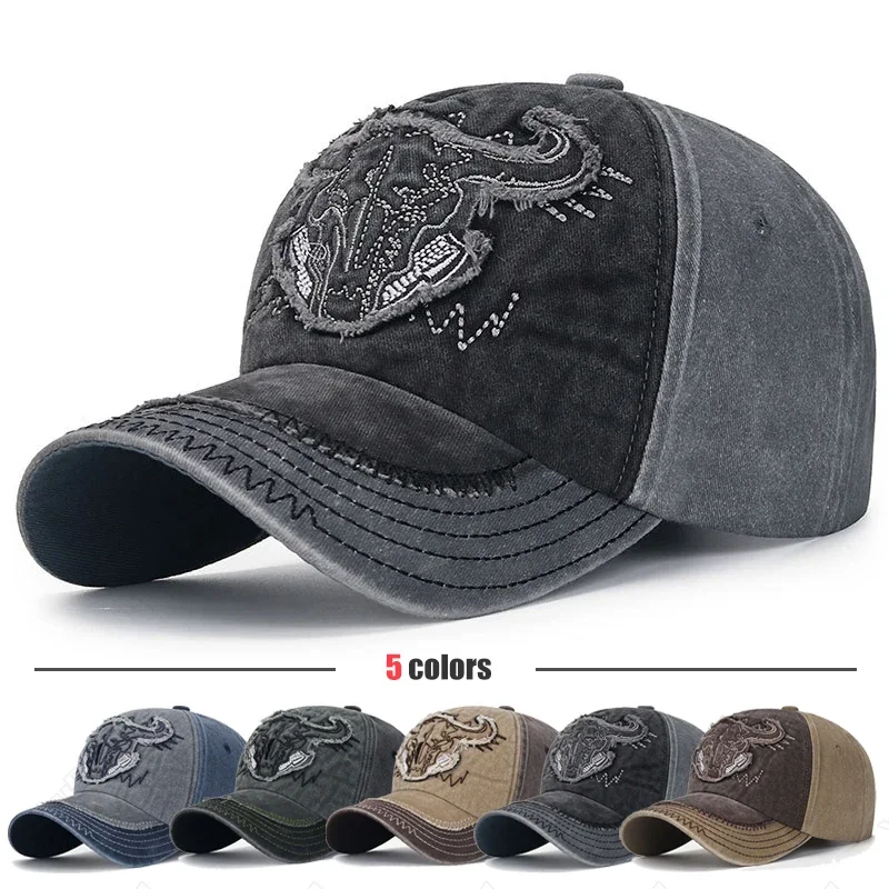 New Style Washed Patched Embroidered Bull Head Baseball Cap For Men and Women Old Faded Sun-Visor Cap