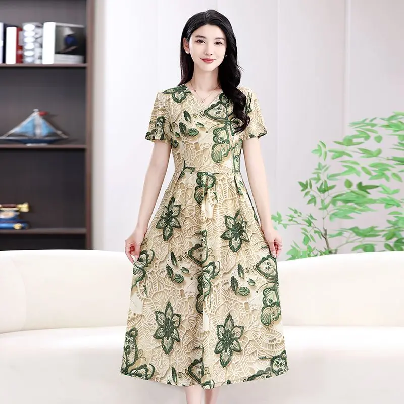 

Long Dress Short Sleeve Skirt Evening Dresses 2025 Summer New Thin Long Dresses for Women Fashion Floral Dress