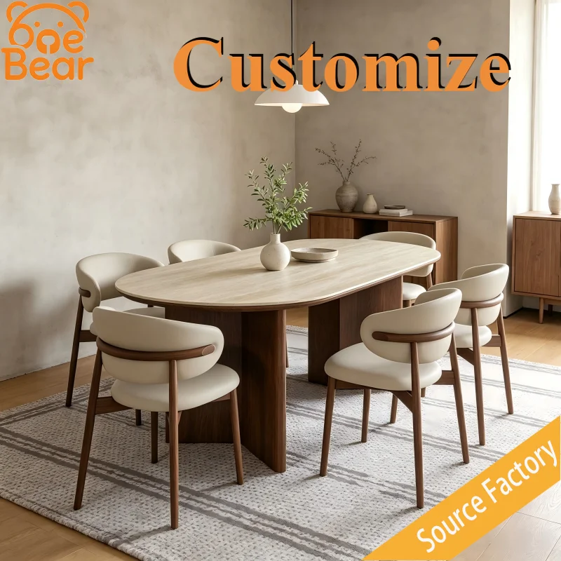 Chic French Oval Travertine Dining Table & Chairs Set, Comfort Solid Wood Padded Chairs For Luxury Living Dining Home Interior