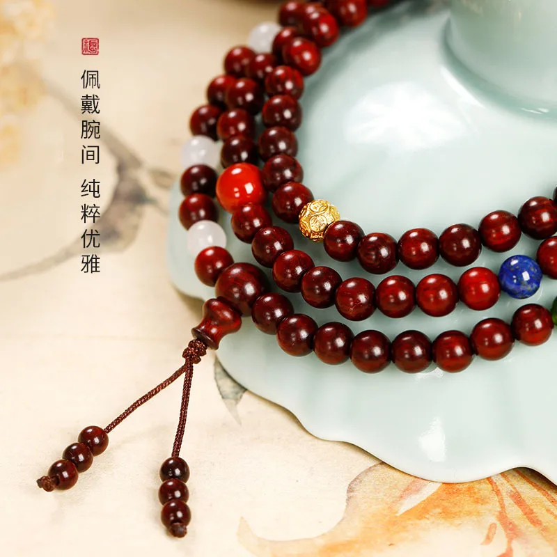 108 Beads Lobular Rosewood Bracelet Hetian Jade Agate Crystal Amber Multi Wrap Prayer Beads Lucky Charms Gifts