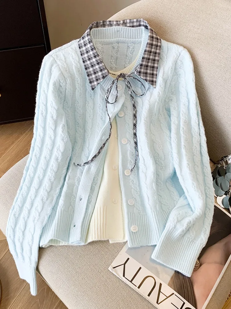 

Self-Kept Design Collar Knitted Open Cardigan Women's Sweater Jaet Autumn Winter Thiened Long Sve Korean Sle